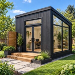 16x12 backyard office studio exterior with black cladding and corner glass wall