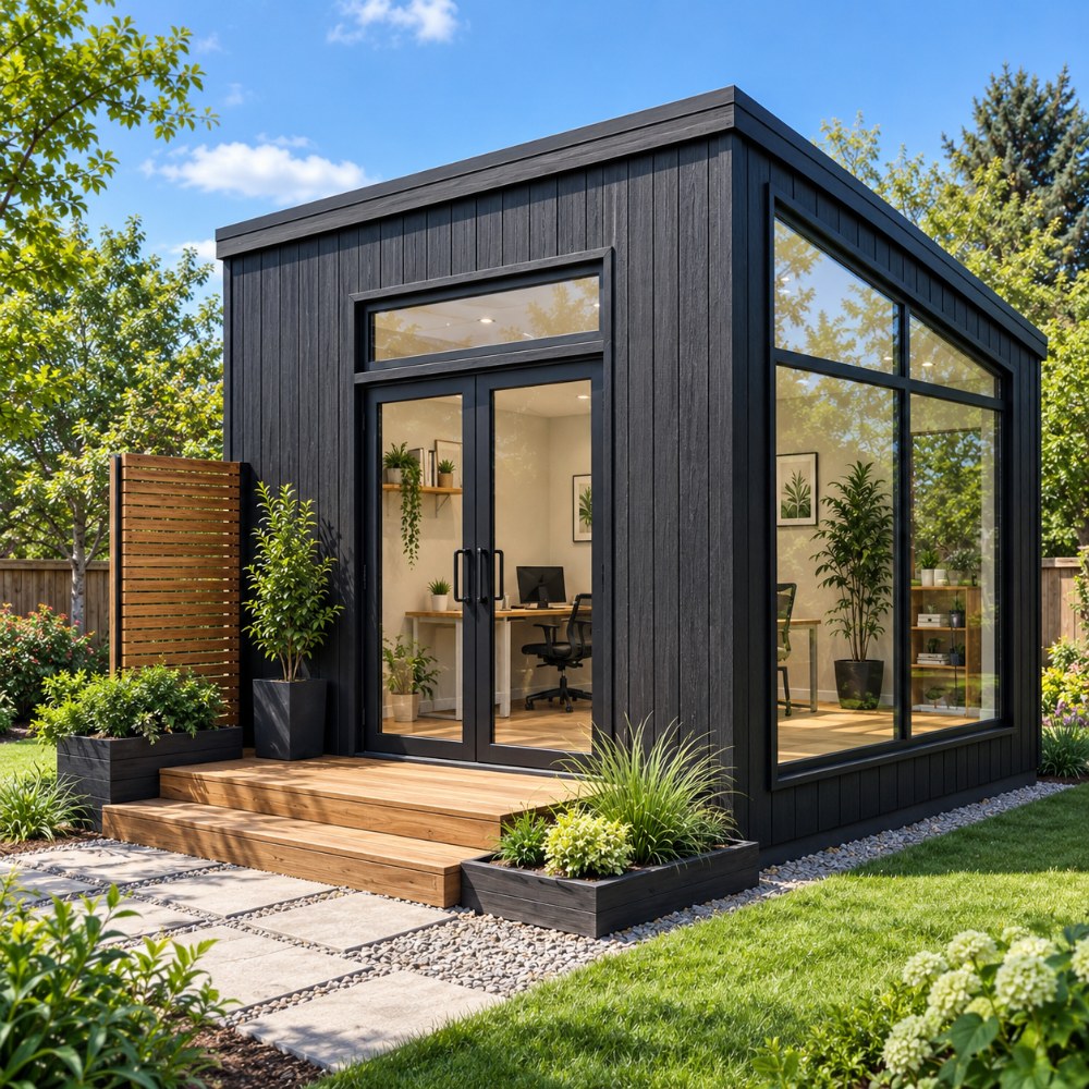 16x12 backyard office studio exterior with black cladding and corner glass wall