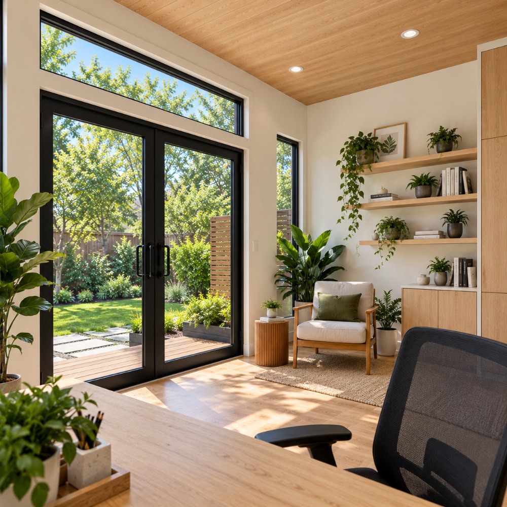 16x12 backyard office studio interior lounge corner and glass entry door