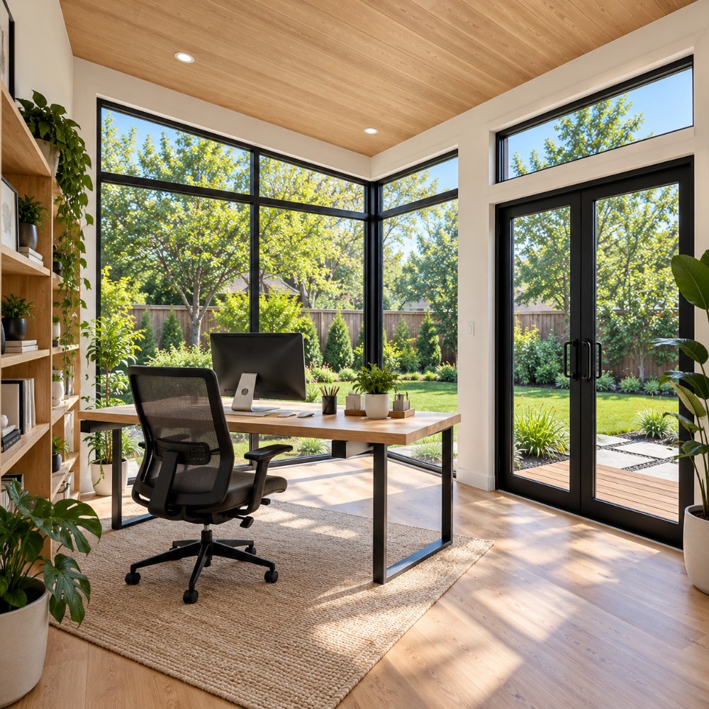 16x12 backyard office studio interior with desk facing corner glass wall