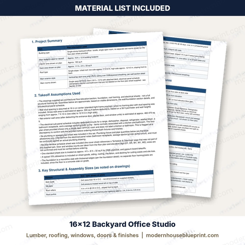 16x12 backyard office studio material list