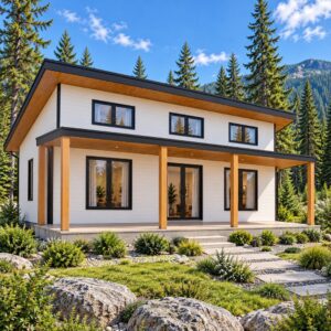 18x22 modern house plan front exterior in daylight with covered veranda