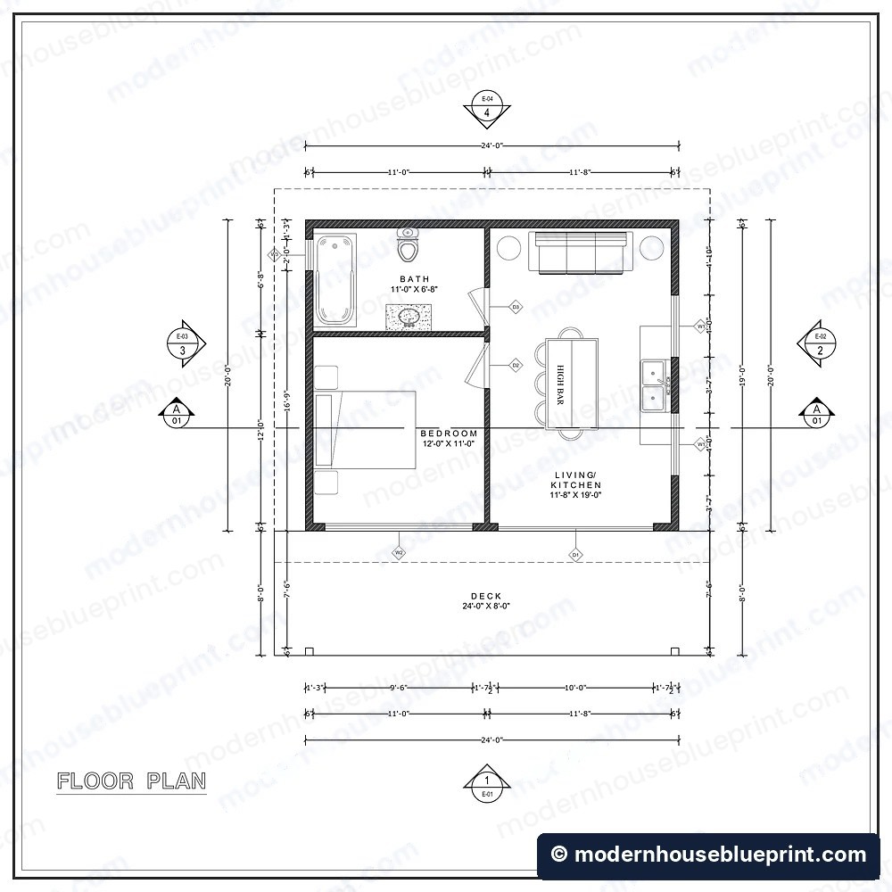 24x20 modern tiny house floor plan