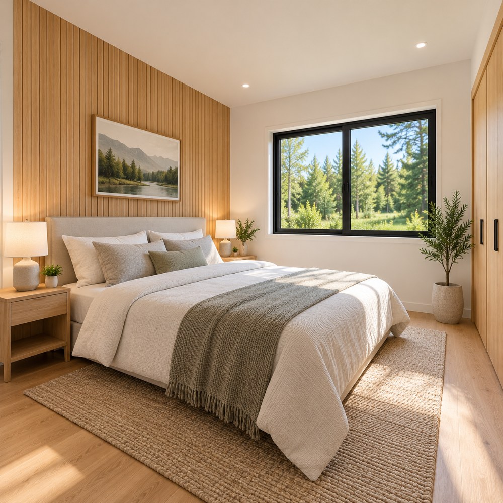 24x20 modern tiny house interior bedroom with wood accent wall