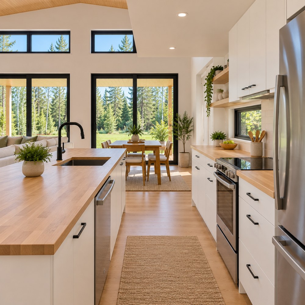 24x20 modern tiny house interior kitchen with white cabinets and butcher-block counters