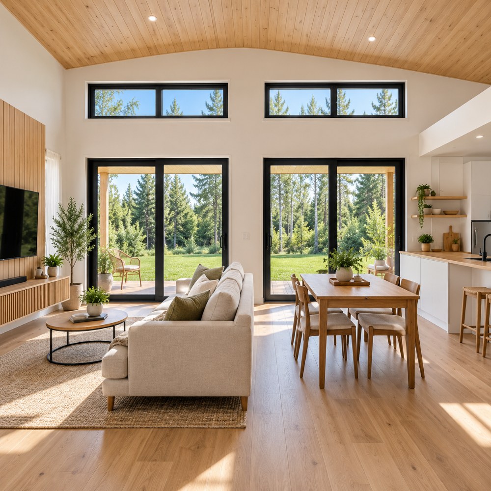 24x20 modern tiny house interior open living and dining area with sliding glass doors