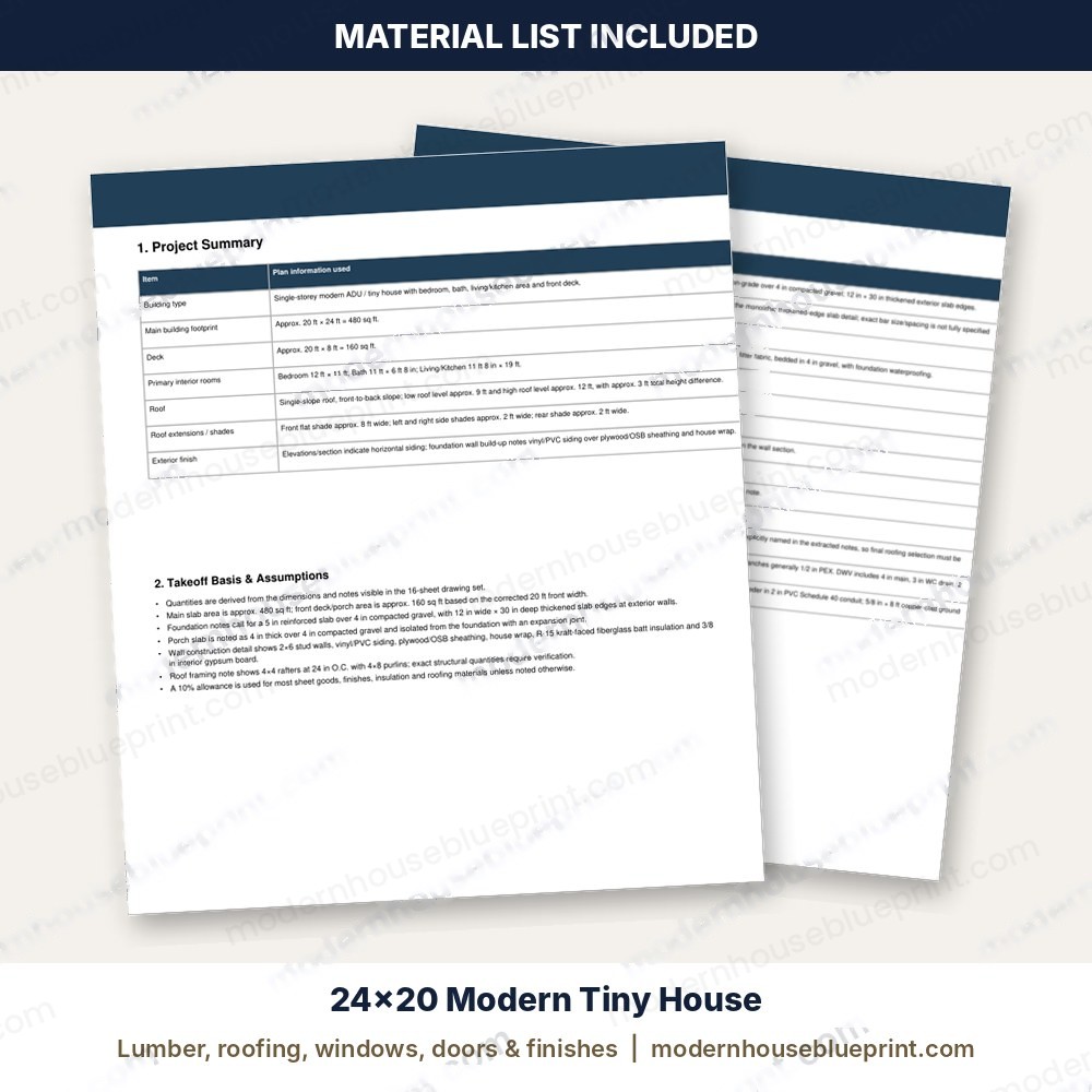 24x20 modern tiny house material list