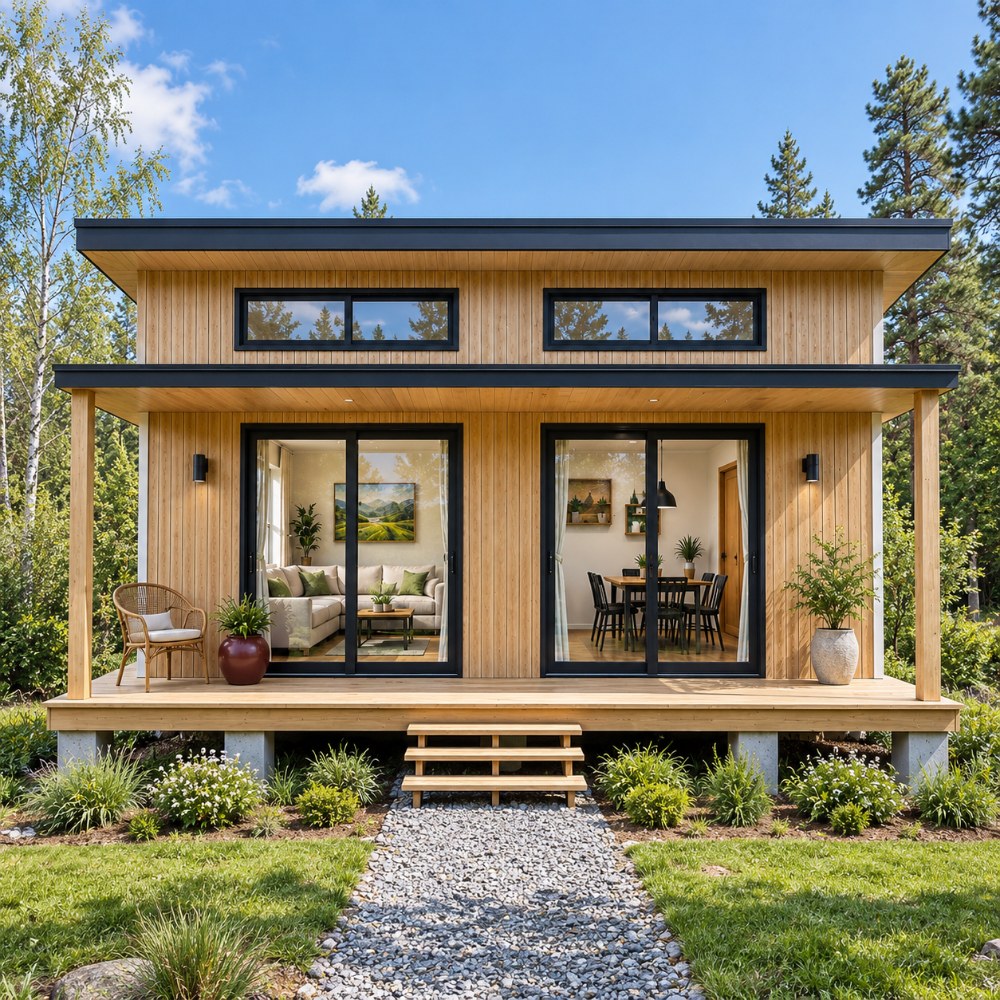 24x20 modern tiny house plan front exterior with full-width covered deck