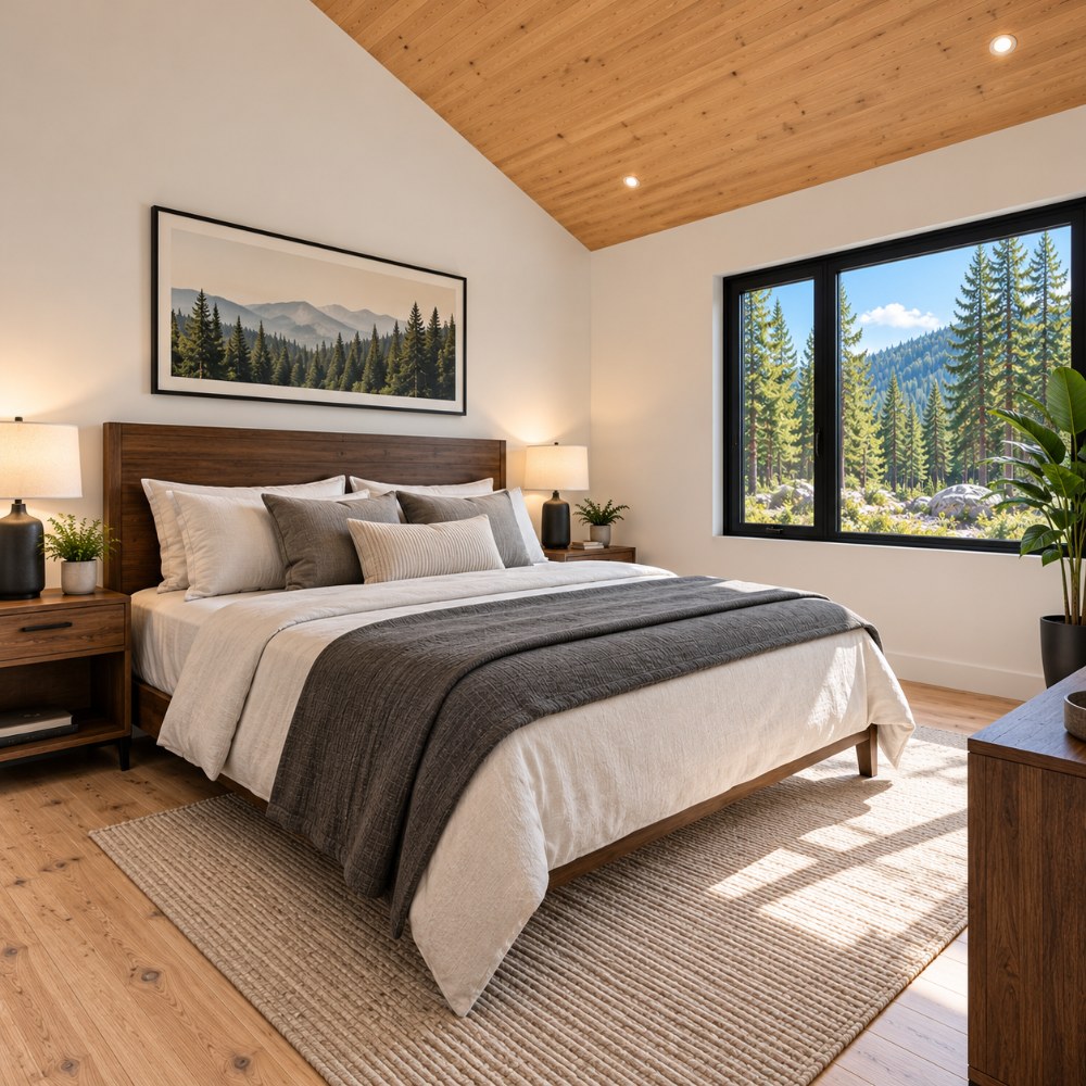 24x36 black lean cabin interior bedroom