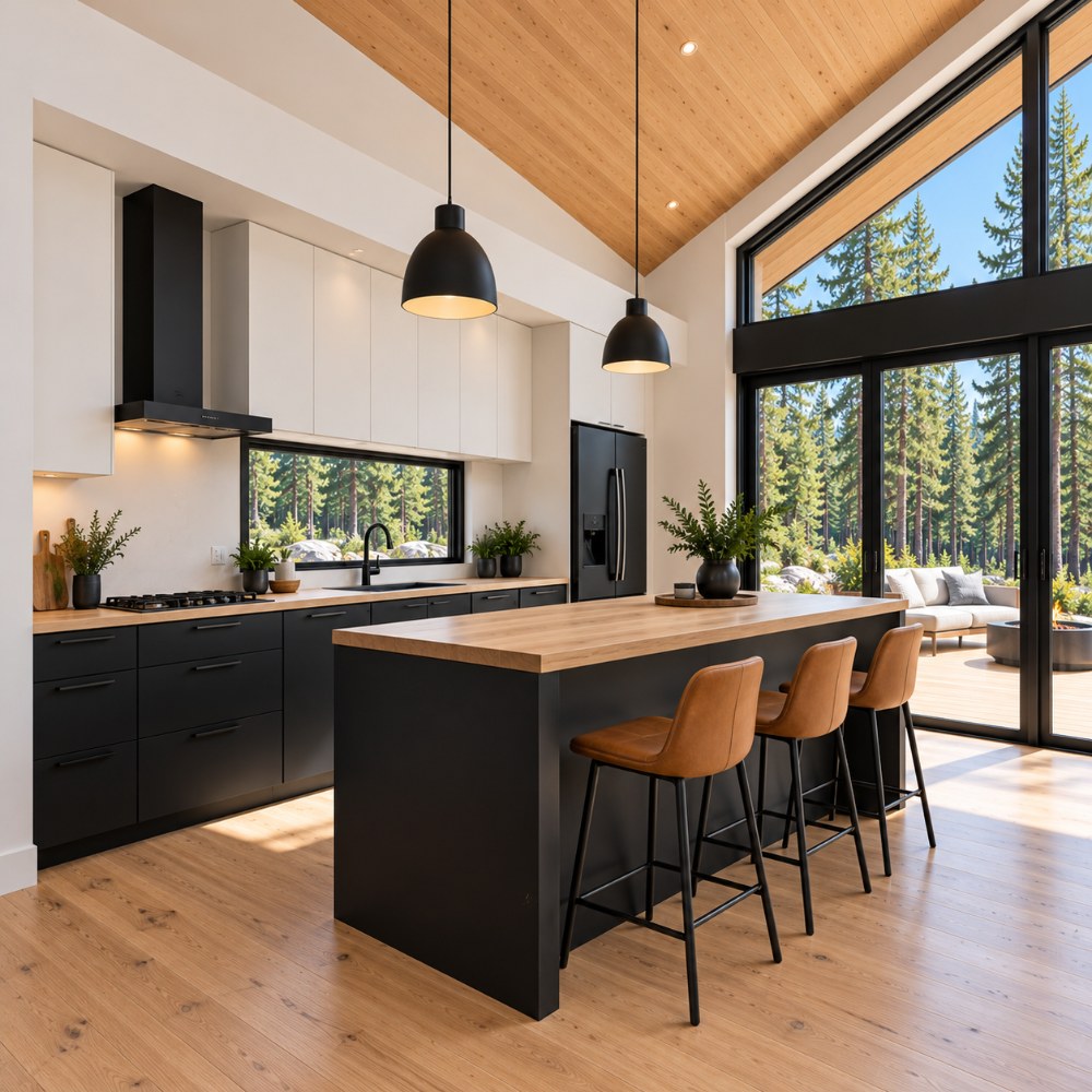 24x36 black lean cabin interior kitchen with high bar