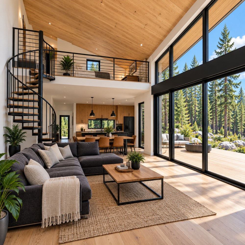 24x36 black lean cabin interior living room with spiral stair to loft