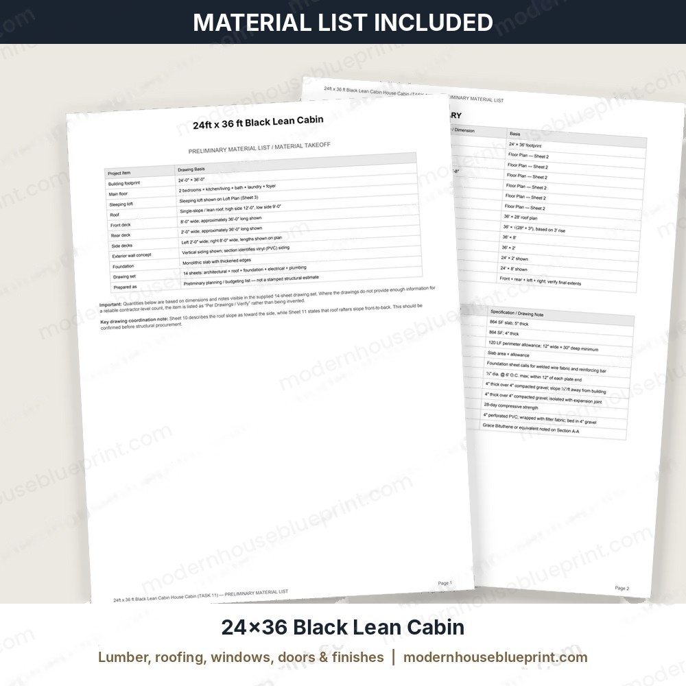 24x36 black lean cabin material list