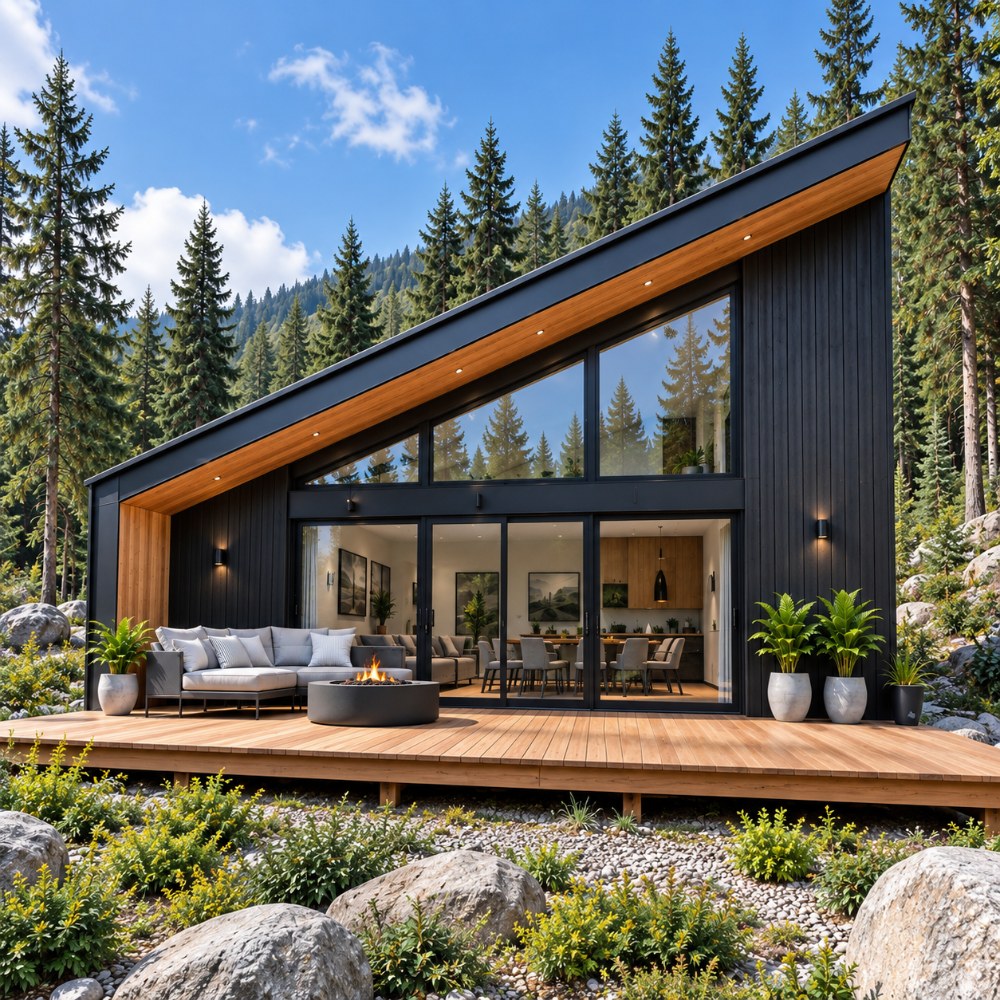 24x36 black lean cabin plan front exterior