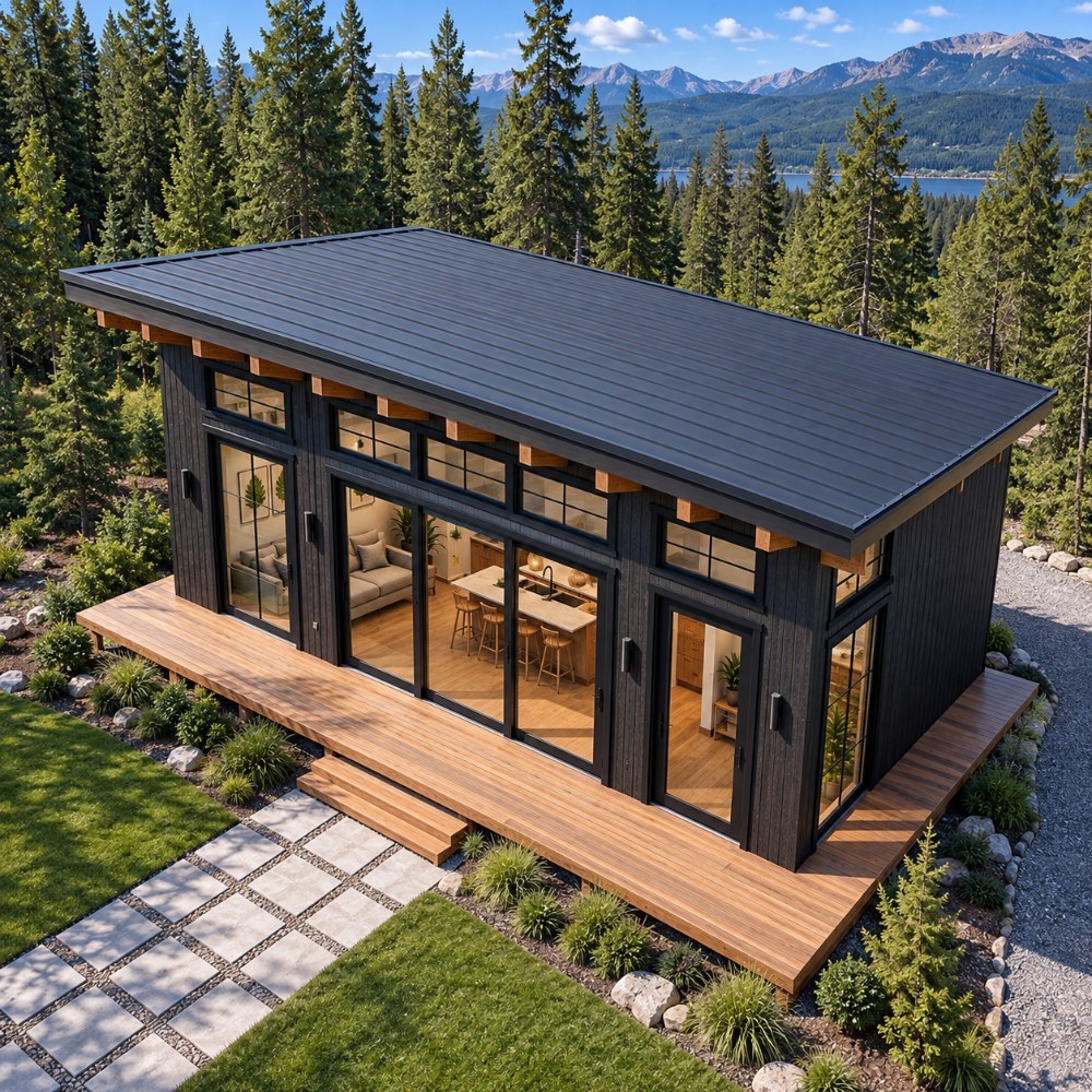 24x36 lean cabin 2 bed 2 bath drone aerial view