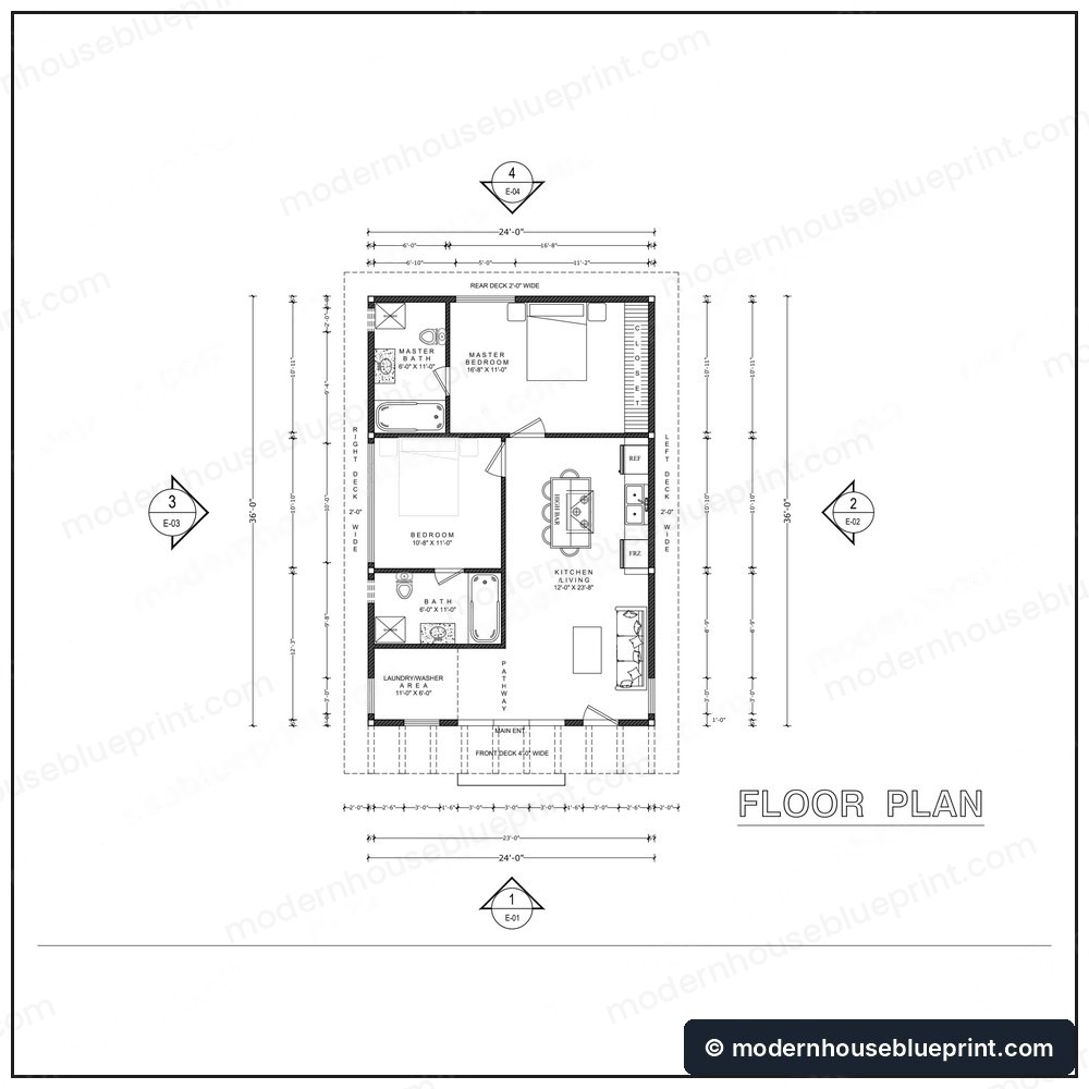 24x36 lean cabin 2 bed 2 bath floor plan