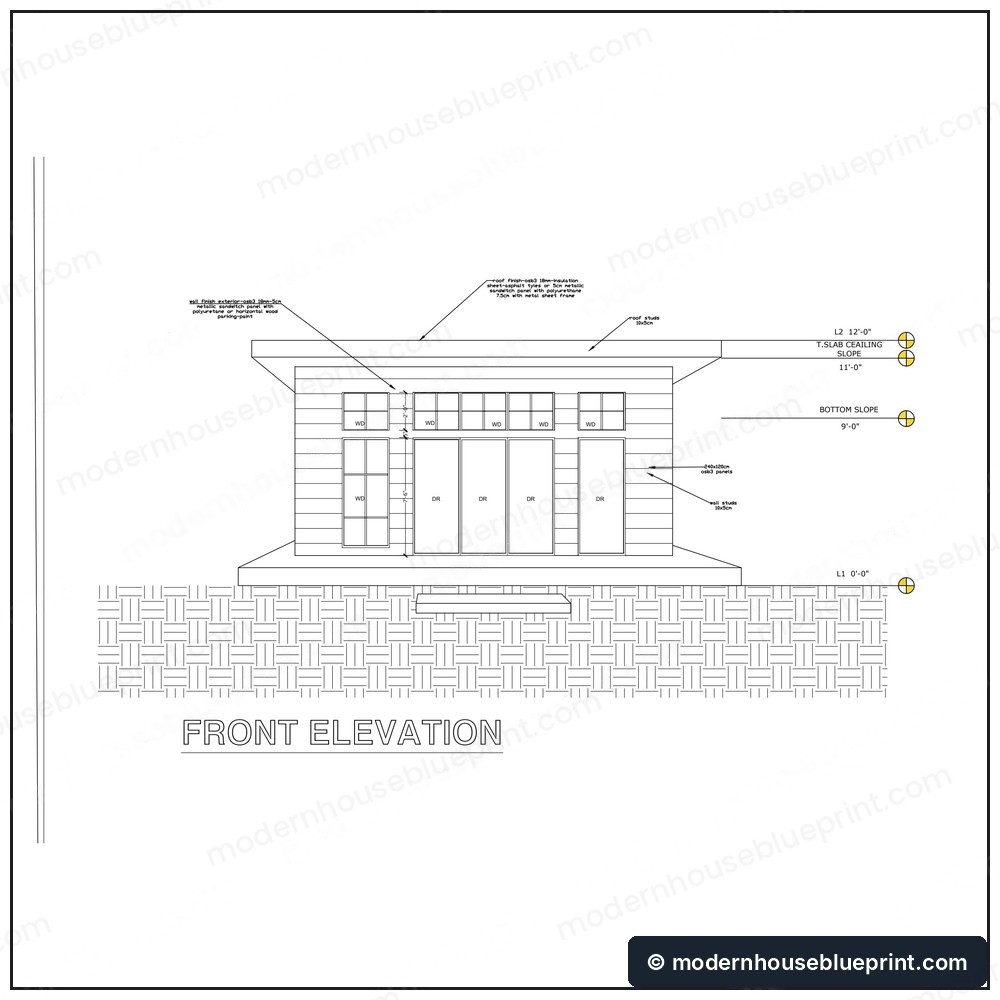 24x36 lean cabin 2 bed 2 bath front elevation