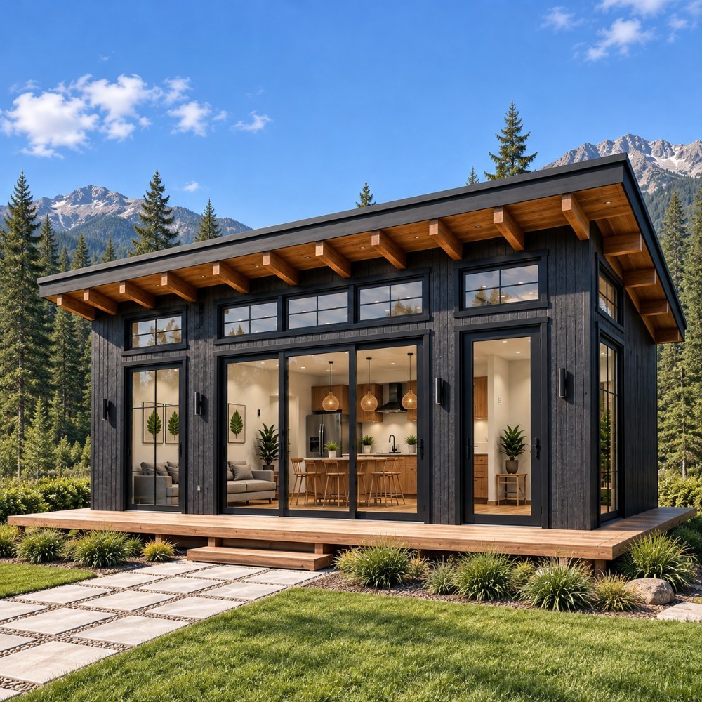 24x36 lean cabin 2 bed 2 bath front exterior