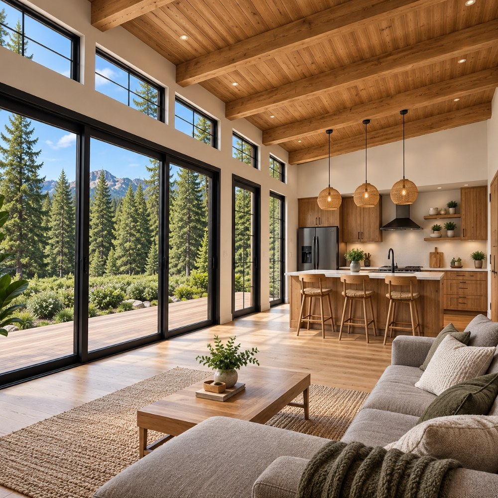 24x36 lean cabin 2 bed 2 bath interior kitchen living room