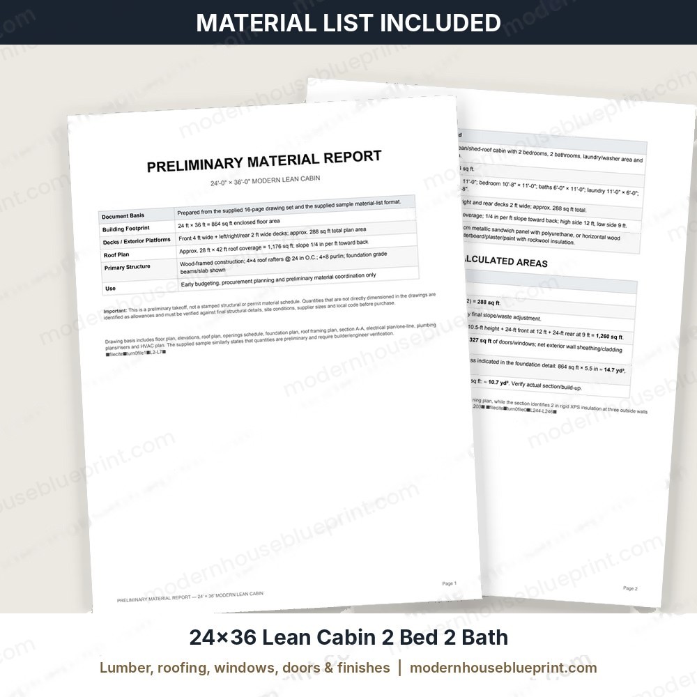 24x36 lean cabin 2 bed 2 bath material list