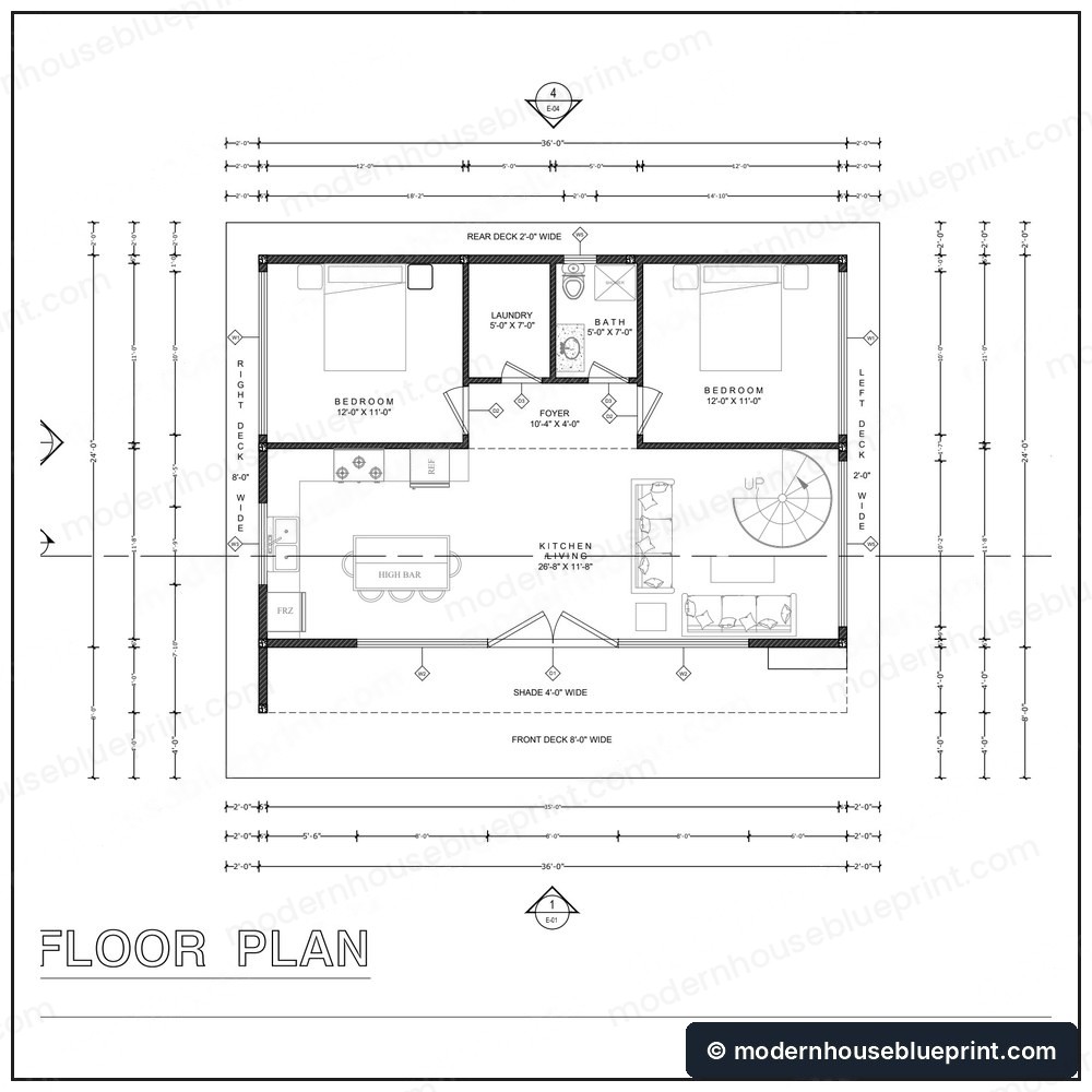 24x36 modern forest retreat cabin floor plan