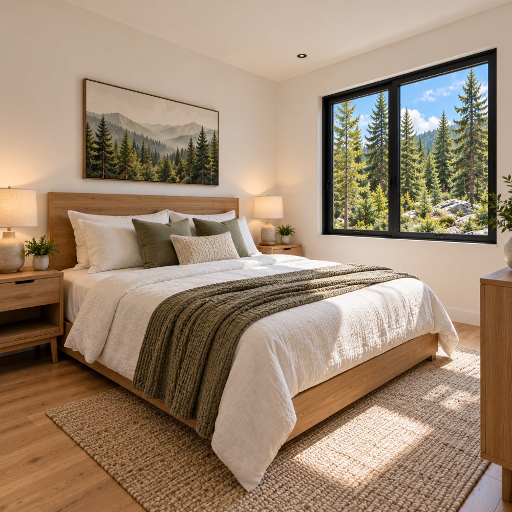 24x36 modern forest retreat cabin interior bedroom