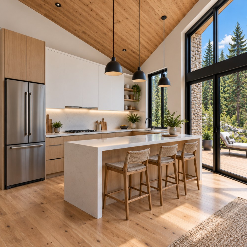 24x36 modern forest retreat cabin interior kitchen with high bar