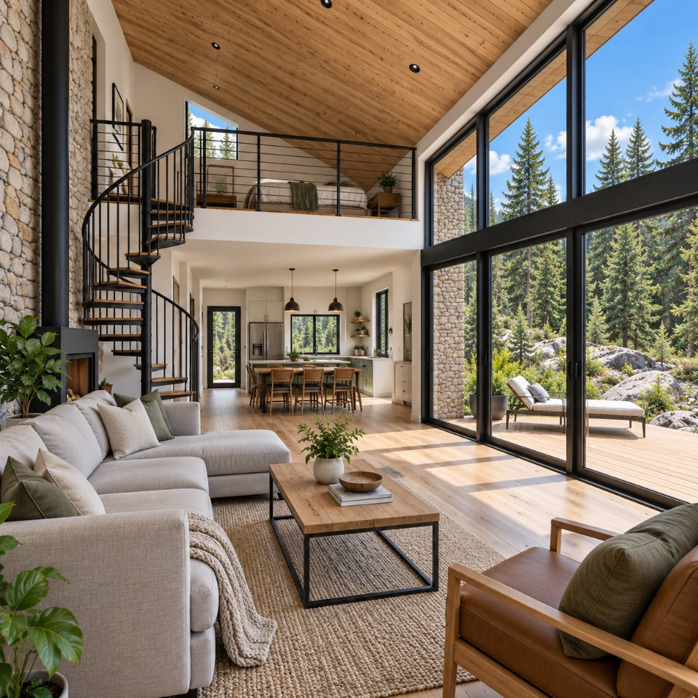 24x36 modern forest retreat cabin interior living room with spiral stair to loft
