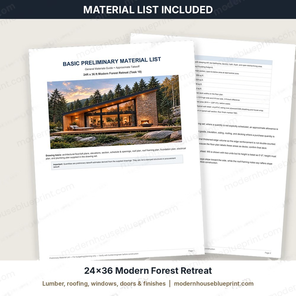 24x36 modern forest retreat cabin material list
