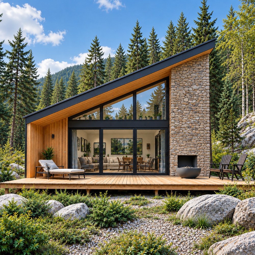 24x36 modern forest retreat cabin plan front exterior