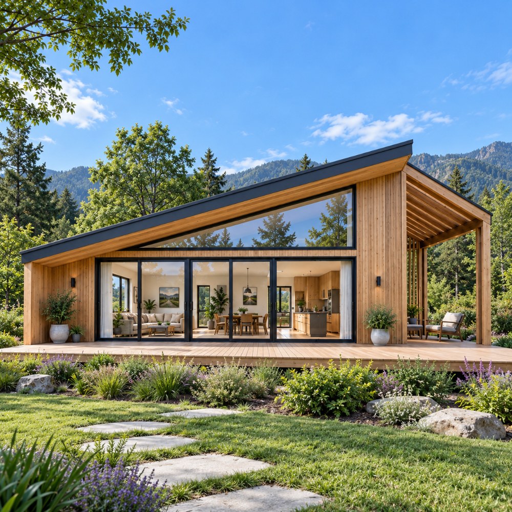 24x36 modern lean cabin exterior with shed roof and glass gable wall
