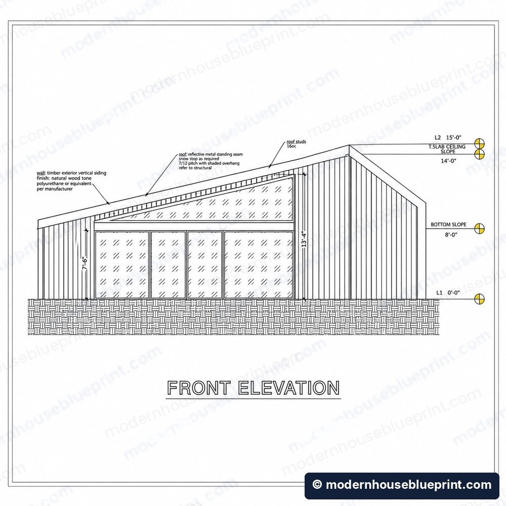 24x36 modern lean cabin front elevation