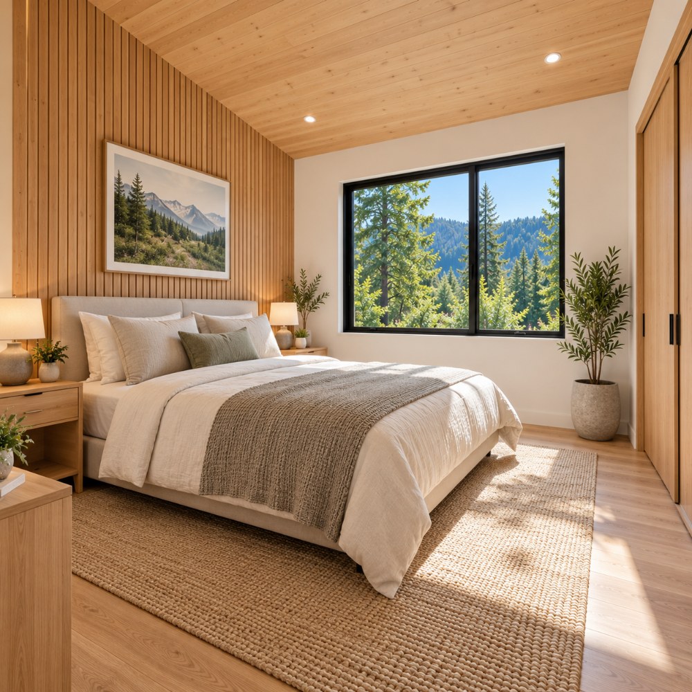 24x36 modern lean cabin interior bedroom with forest view