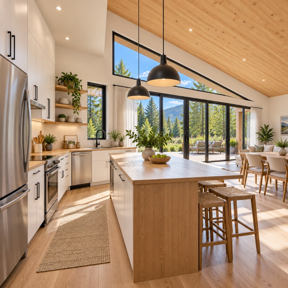 24x36 modern lean cabin interior kitchen with island and sloped ceiling