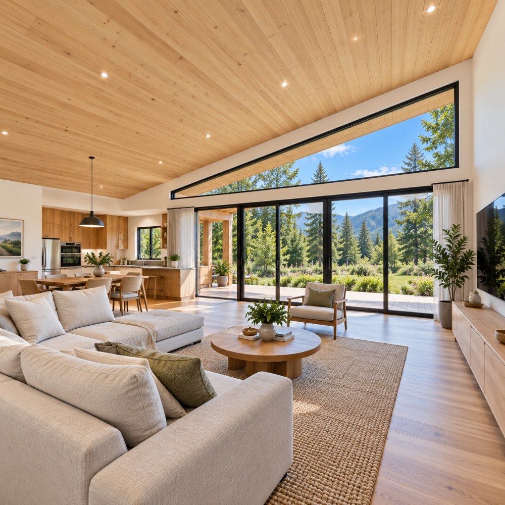 24x36 modern lean cabin interior living room with sloped wood ceiling and glass wall