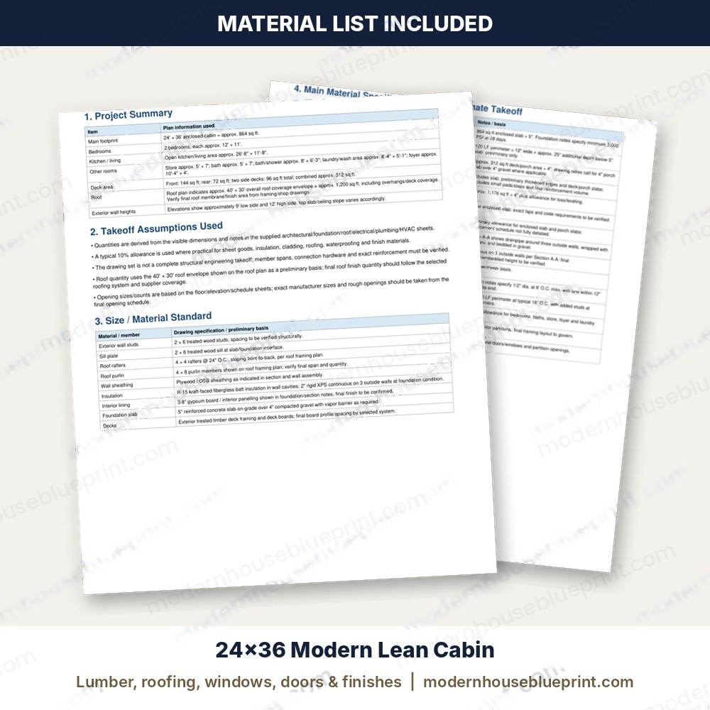 24x36 modern lean cabin material list
