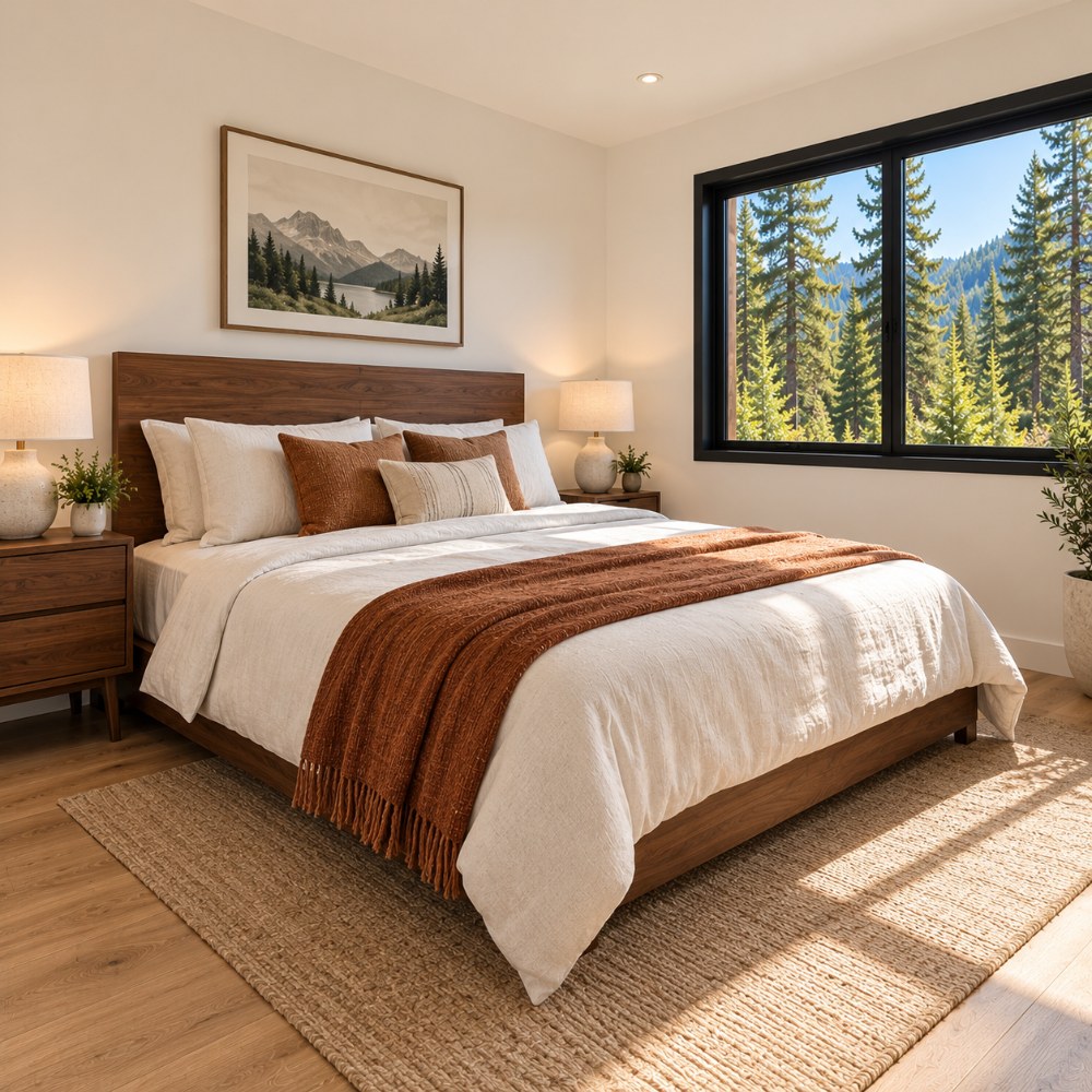 24x36 modern natural wood cabin interior bedroom