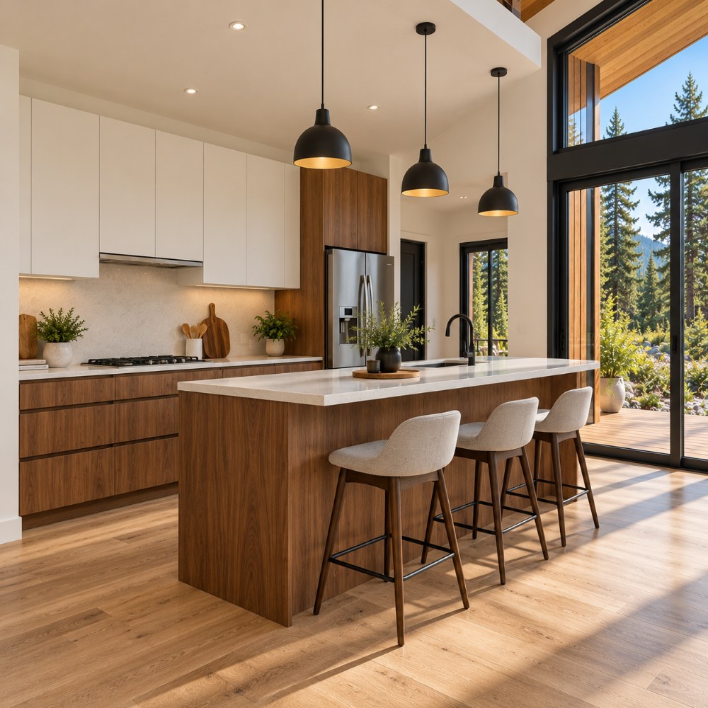 24x36 modern natural wood cabin interior kitchen with high bar