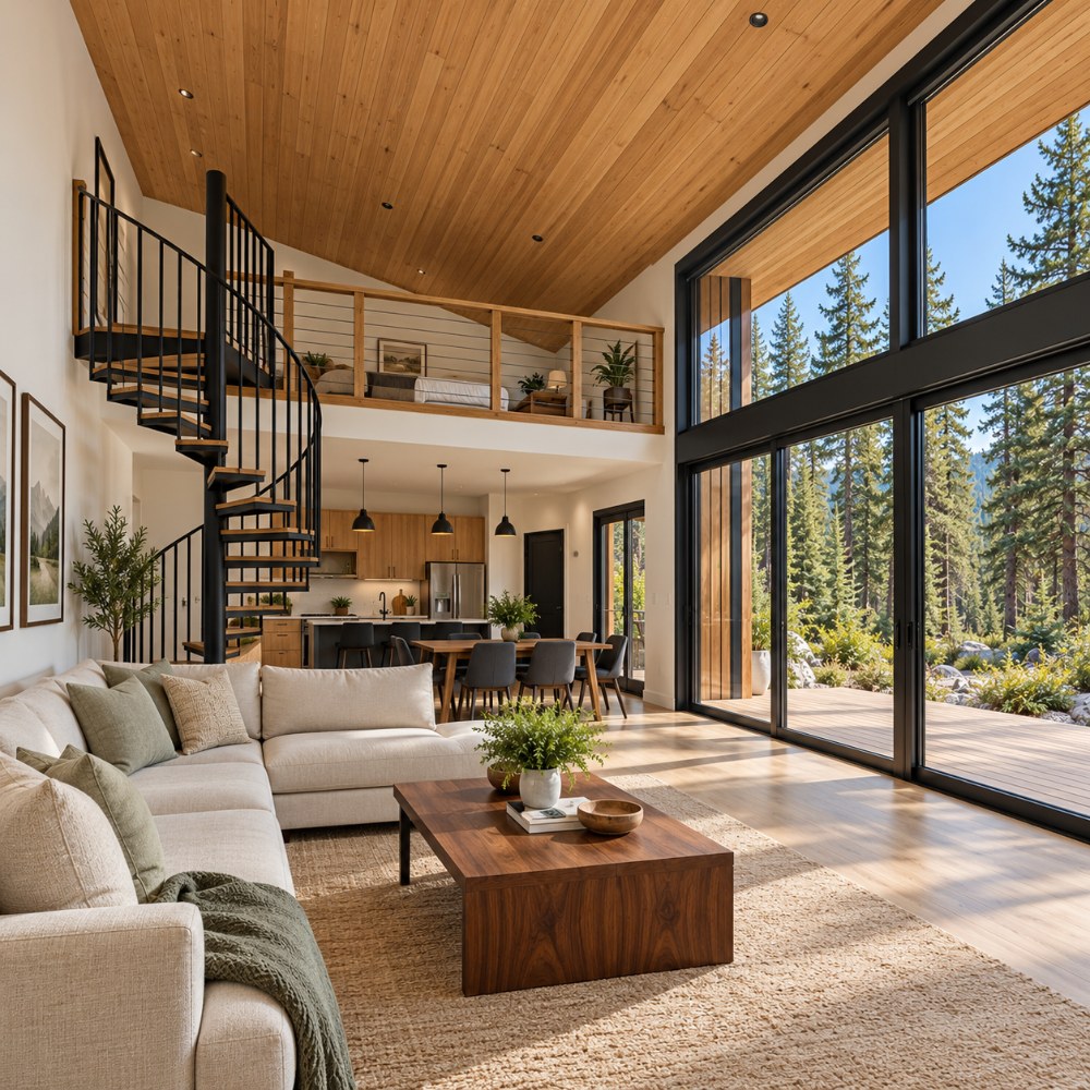 24x36 modern natural wood cabin interior living room with spiral stair to loft