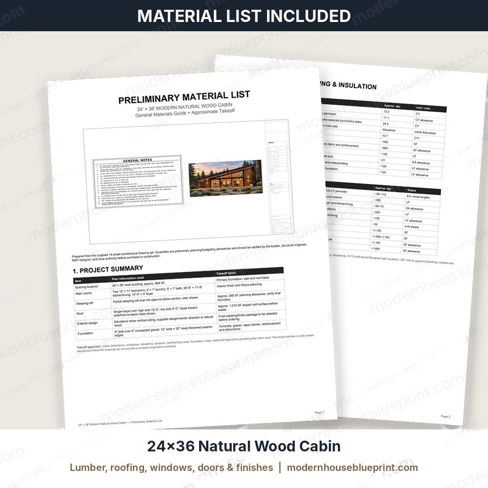 24x36 modern natural wood cabin material list