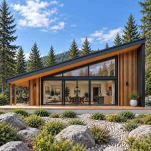 24x36 modern natural wood cabin plan front exterior