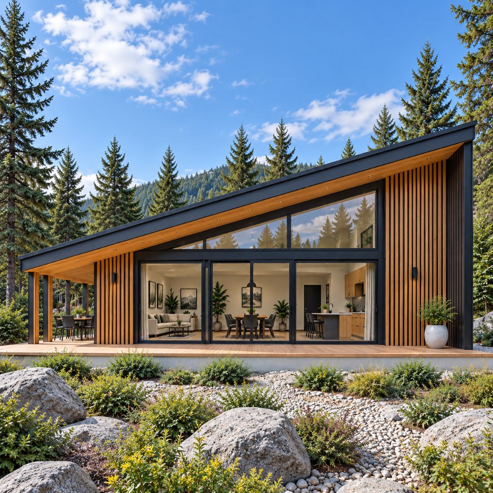 24x36 modern natural wood cabin plan front exterior