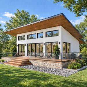 24x36 modern pavilion house exterior with white stucco and wood soffit roof