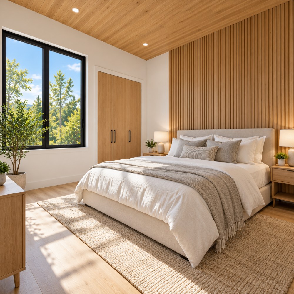 24x36 modern pavilion house interior bedroom with wood accent wall