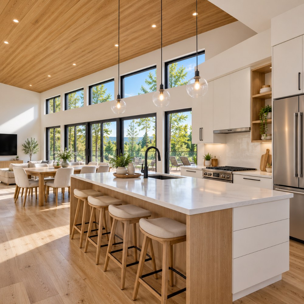 24x36 modern pavilion house interior kitchen with island and clerestory windows