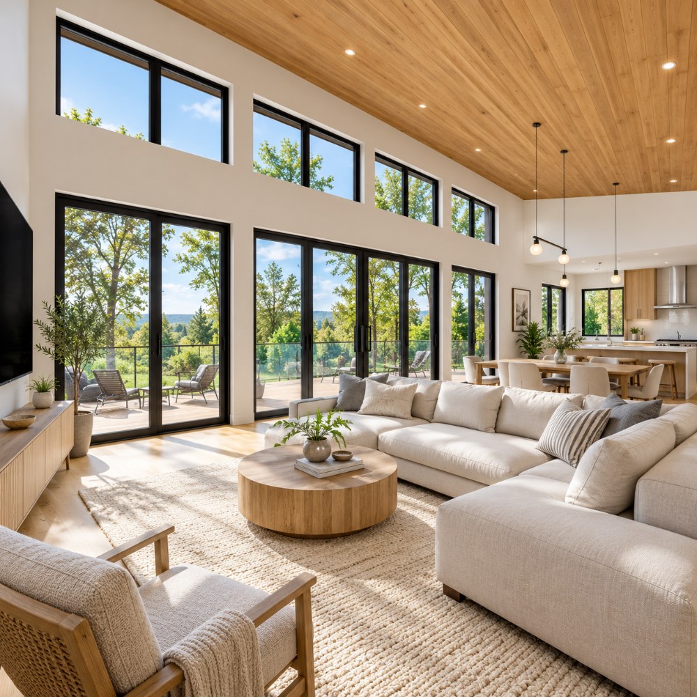 24x36 modern pavilion house interior living and dining with clerestory windows