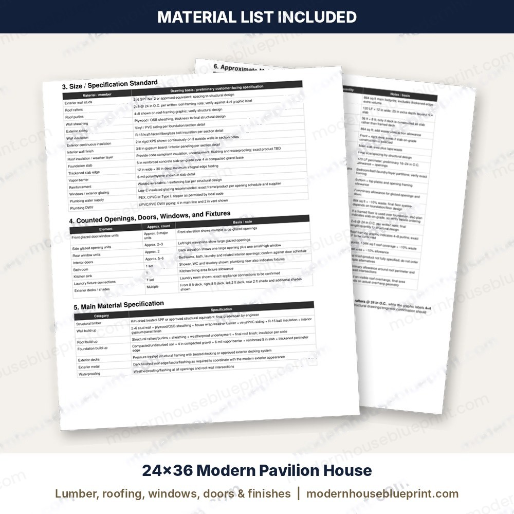 24x36 modern pavilion house material list