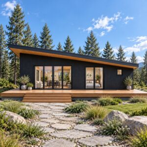 24x36 Scandinavian lean cabin exterior with black cladding and lean roof
