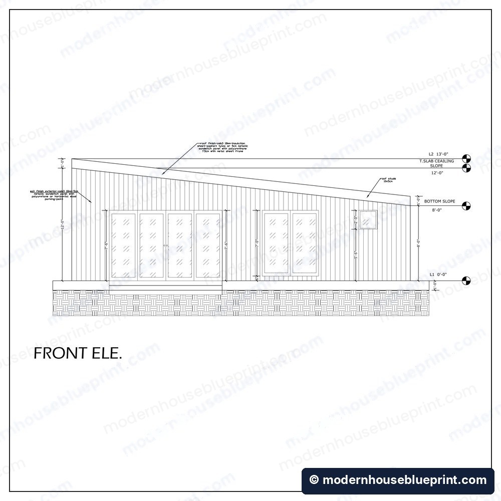 24x36 scandinavian lean cabin front elevation
