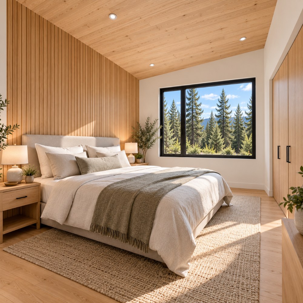 24x36 Scandinavian lean cabin interior bedroom with pine forest view