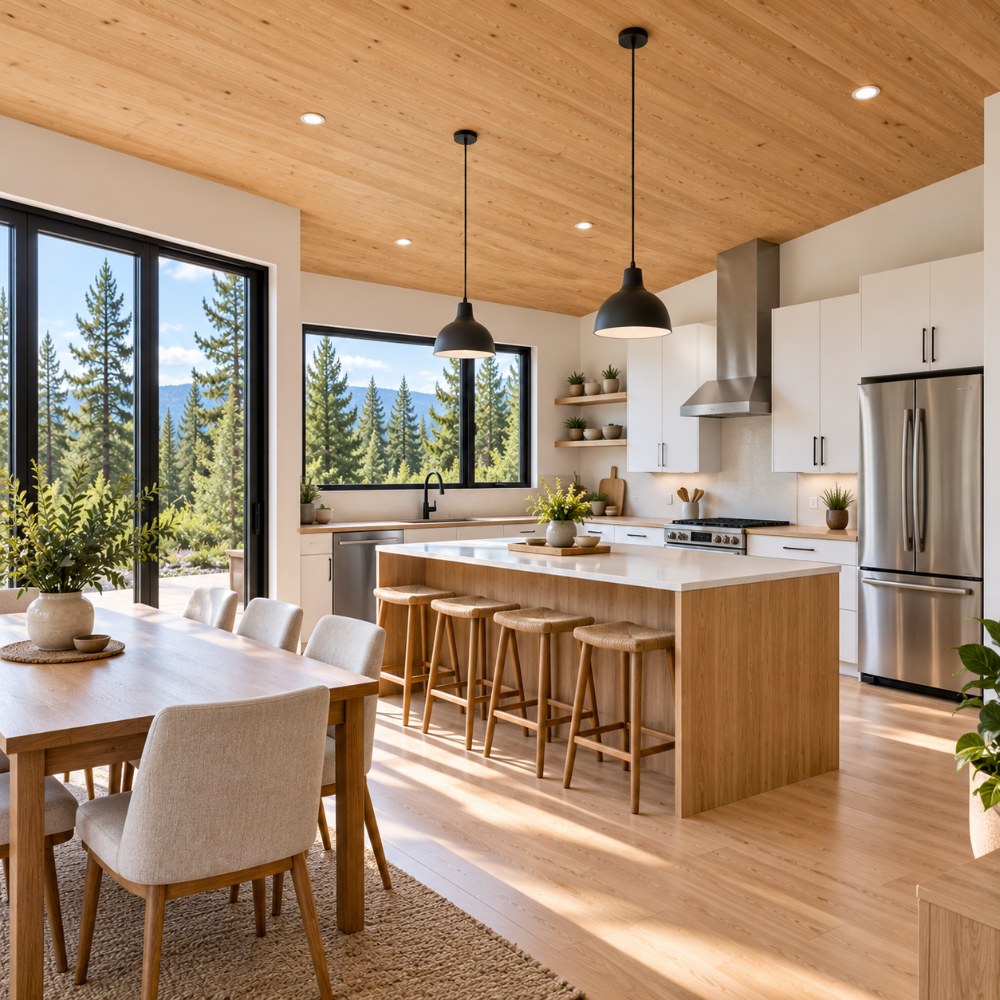 24x36 Scandinavian lean cabin interior kitchen with island